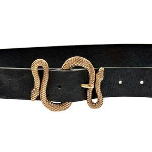 Gold Tone Snake Buckle Black Faux Leather Belt